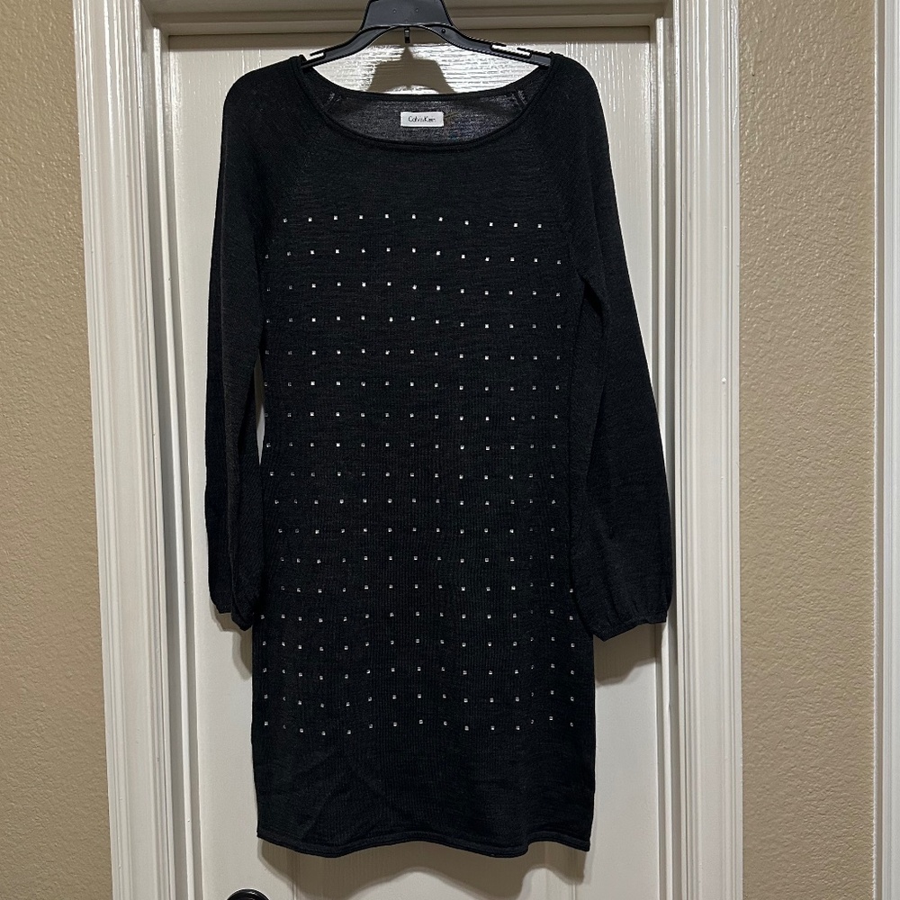 Calvin Klein Boat Neck Sweater Dress Silver Studs Wool Blend